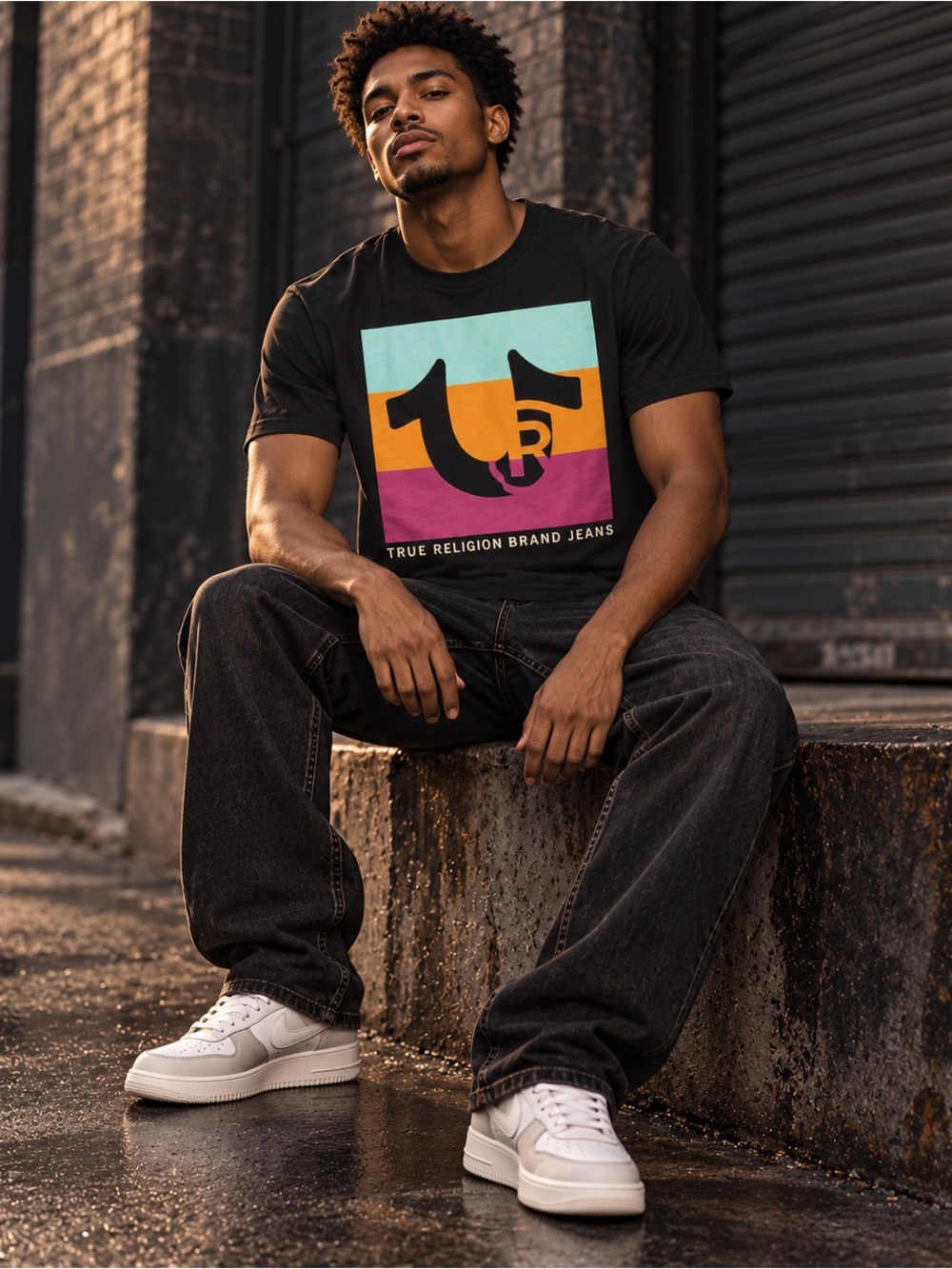 True Religion Black Graphic Tee with Teal, Orange & Magenta Block Logo